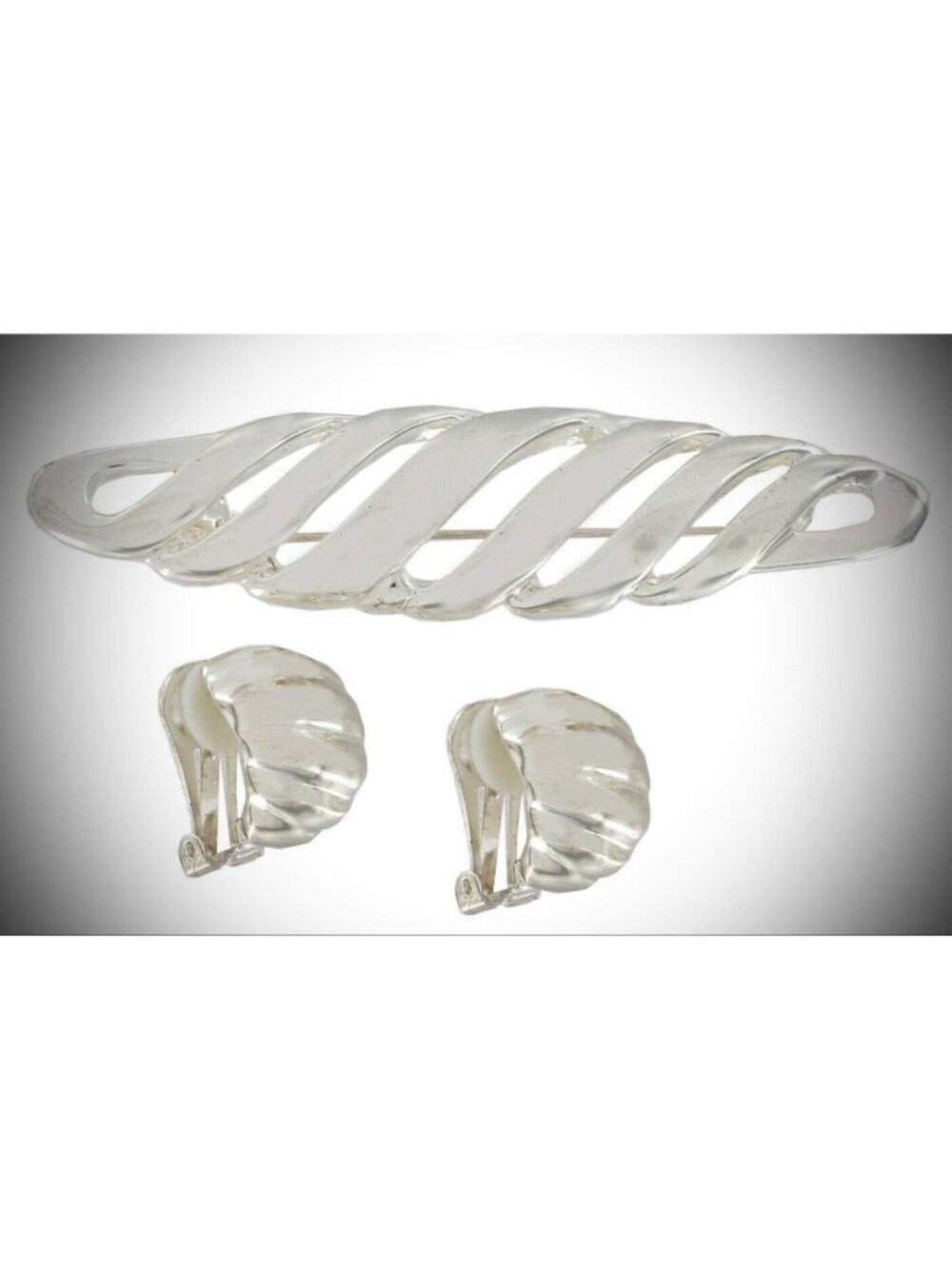 Silver Tone Clip-On Hoop Earrings & Rhinestone Brooch Jewelry Set for Women